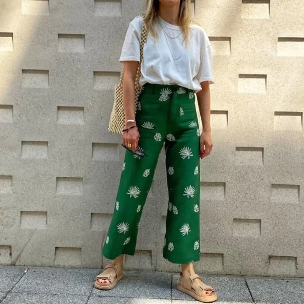 Zara Linen Khaki Wide Leg Palm Leaf Embroidered Culottes Pants Green Size Small